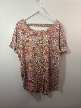 Splash Floral Scoop Neck Short Sleeve Top Pink & Yellow Size 3X